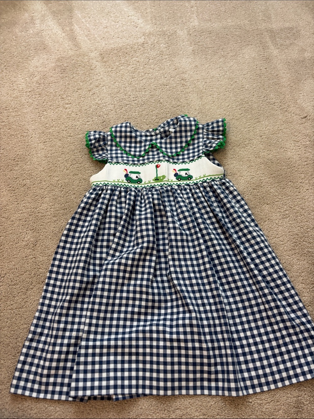 Girls Navy Gingham Smocked Dress with Green Accents